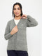 Women Grey Self Design V Neck Full Sleeve Cardigan
