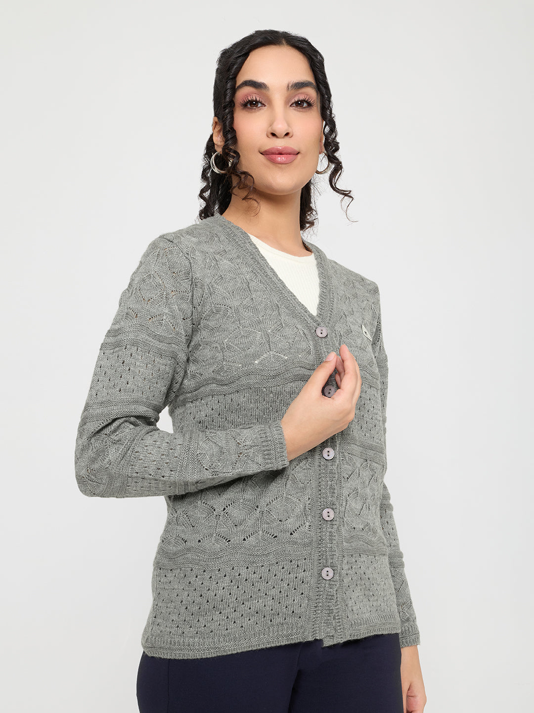 Women Grey Self Design V Neck Full Sleeve Cardigan