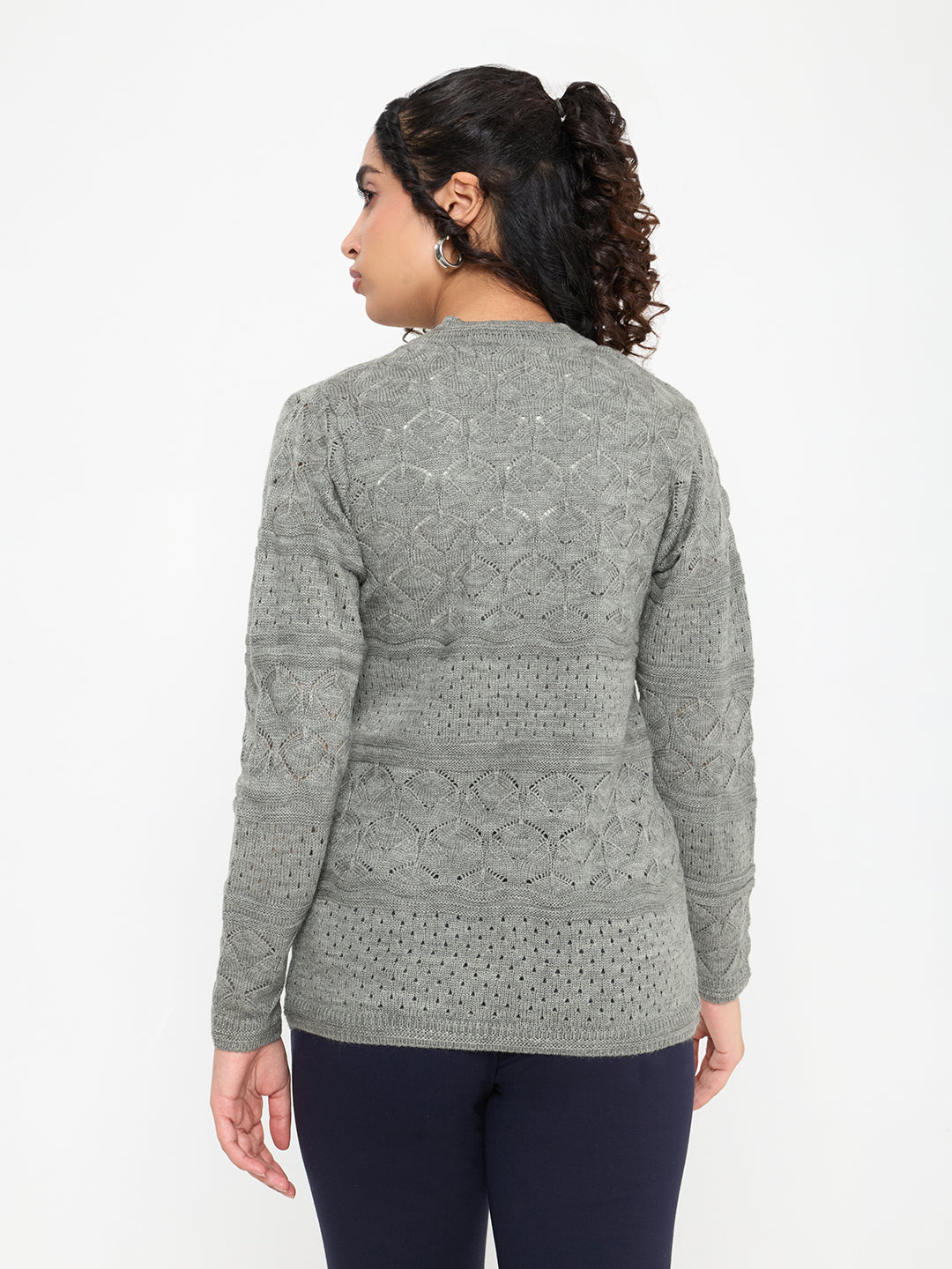 Women Grey Self Design V Neck Full Sleeve Cardigan