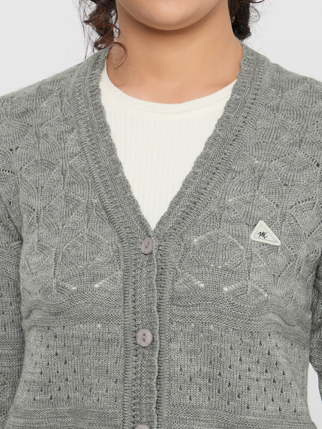 Women Grey Self Design V Neck Full Sleeve Cardigan