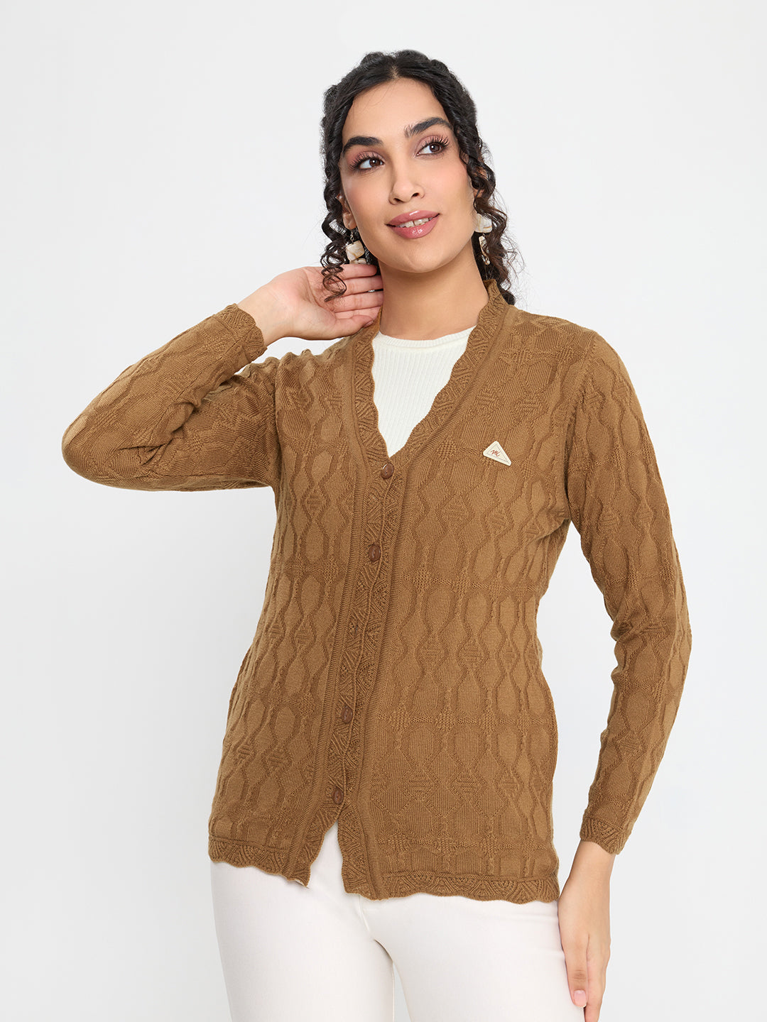 Women Camel Brown Self Design V Neck Full Sleeve Cardigan