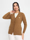 Women Camel Brown Self Design V Neck Full Sleeve Cardigan