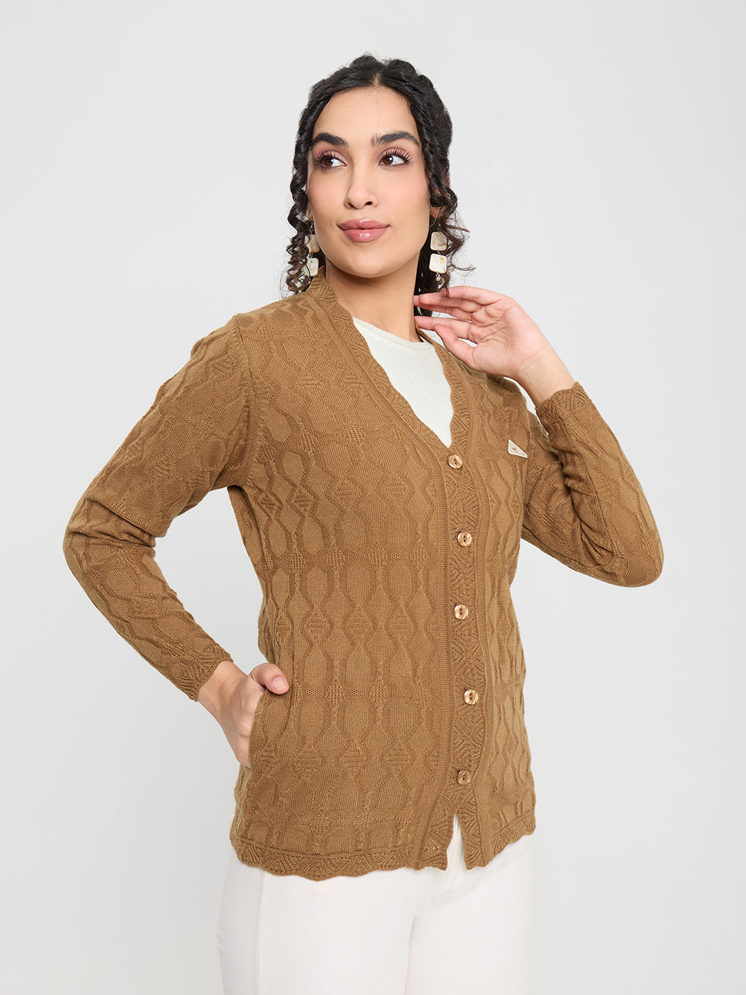 Women Camel Brown Self Design V Neck Full Sleeve Cardigan
