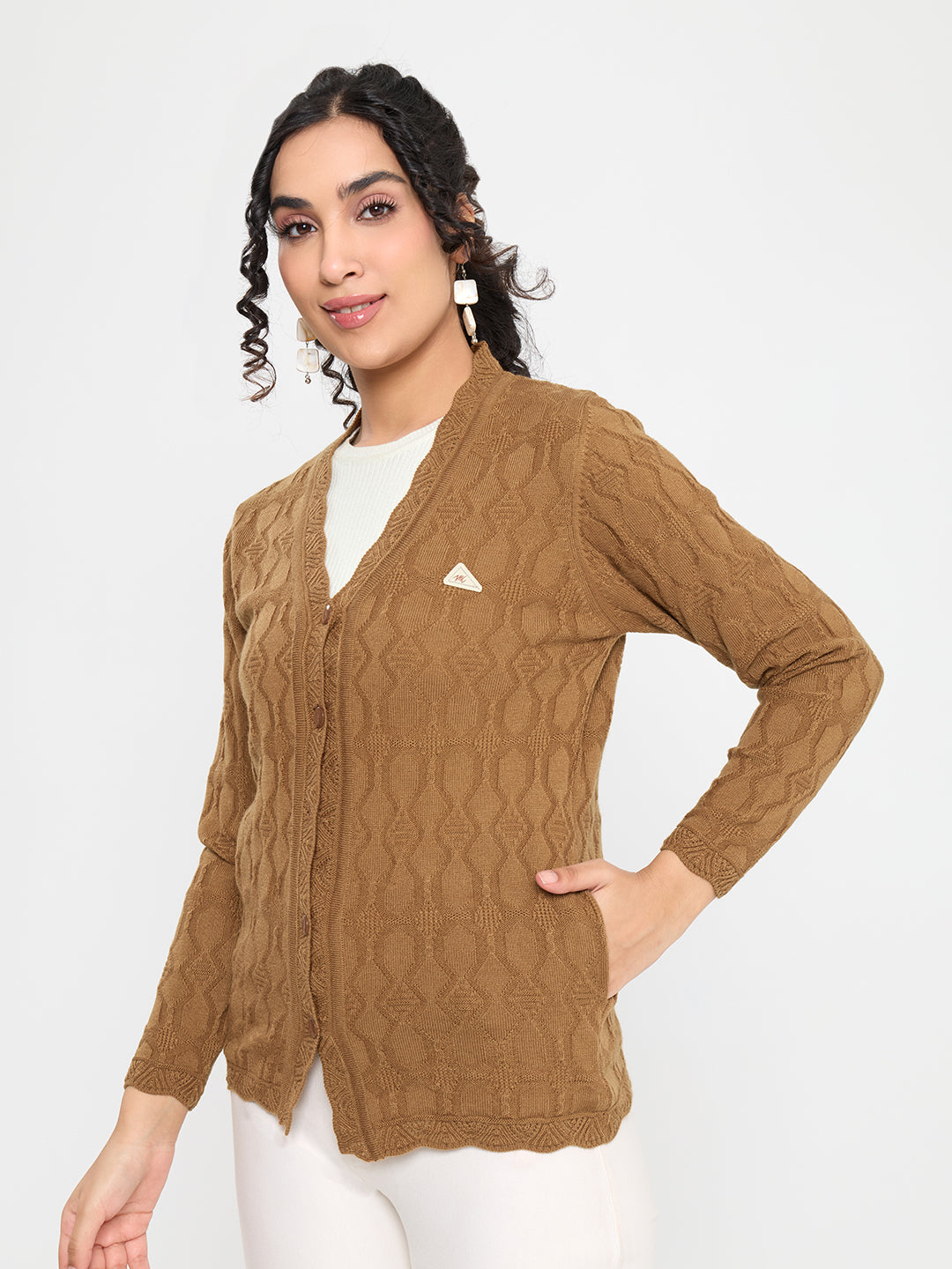 Women Camel Brown Self Design V Neck Full Sleeve Cardigan