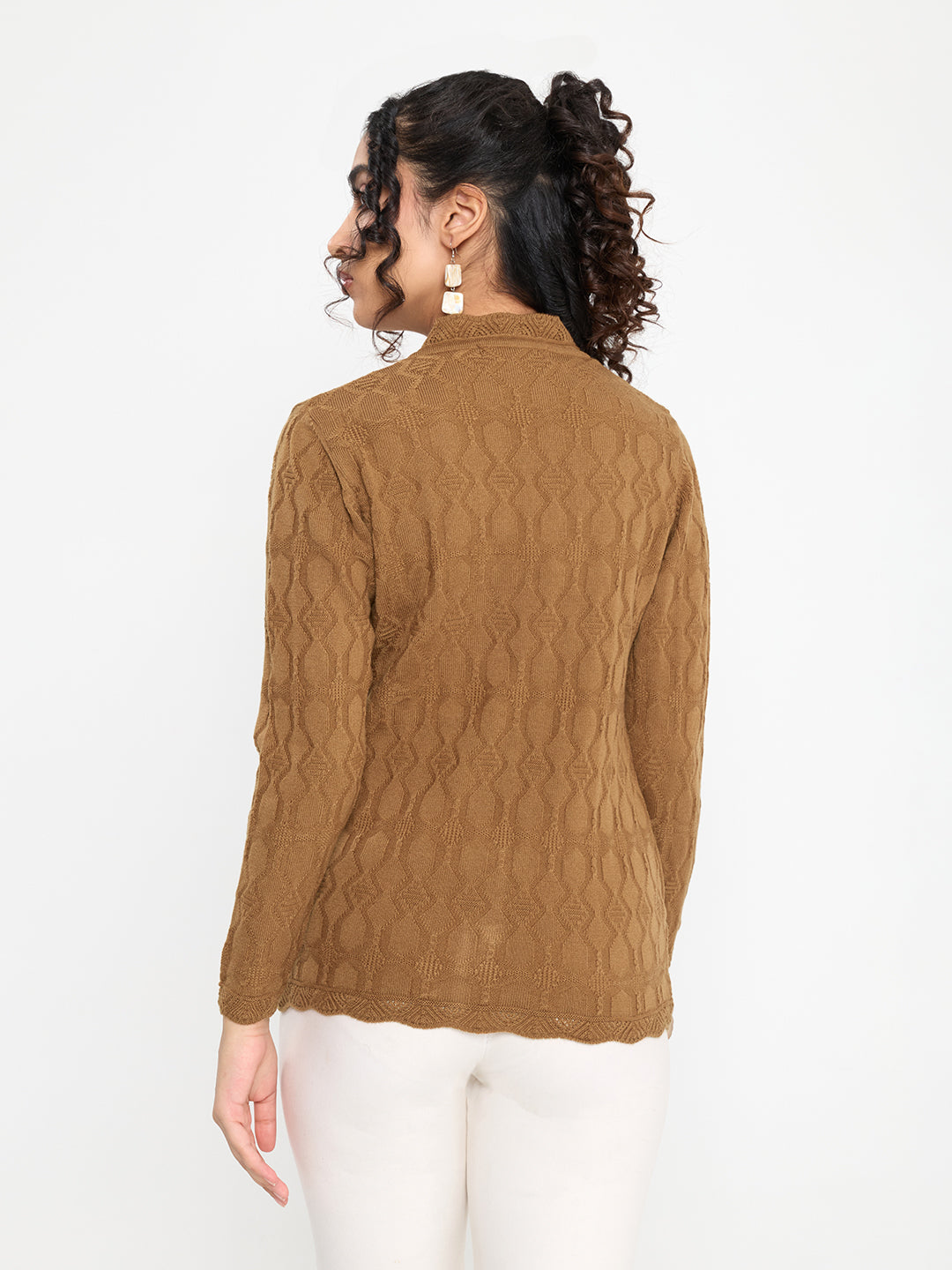 Women Camel Brown Self Design V Neck Full Sleeve Cardigan