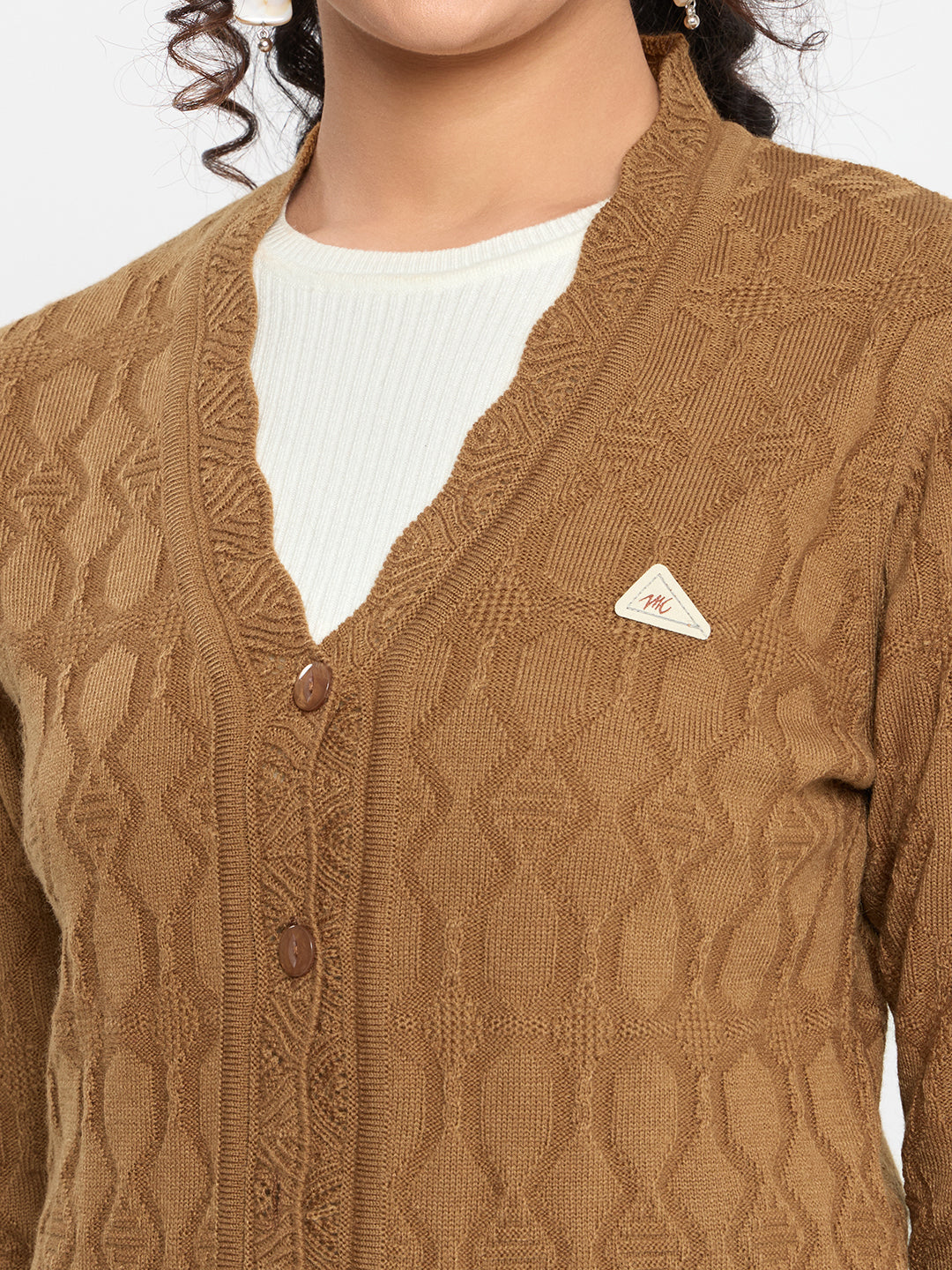 Women Camel Brown Self Design V Neck Full Sleeve Cardigan