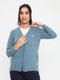 Women Blue Self Design V Neck Full Sleeve Cardigan