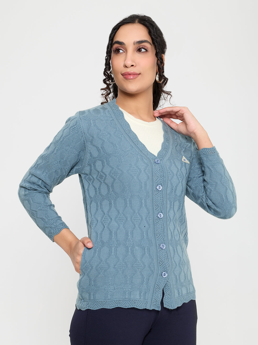 Women Blue Self Design V Neck Full Sleeve Cardigan