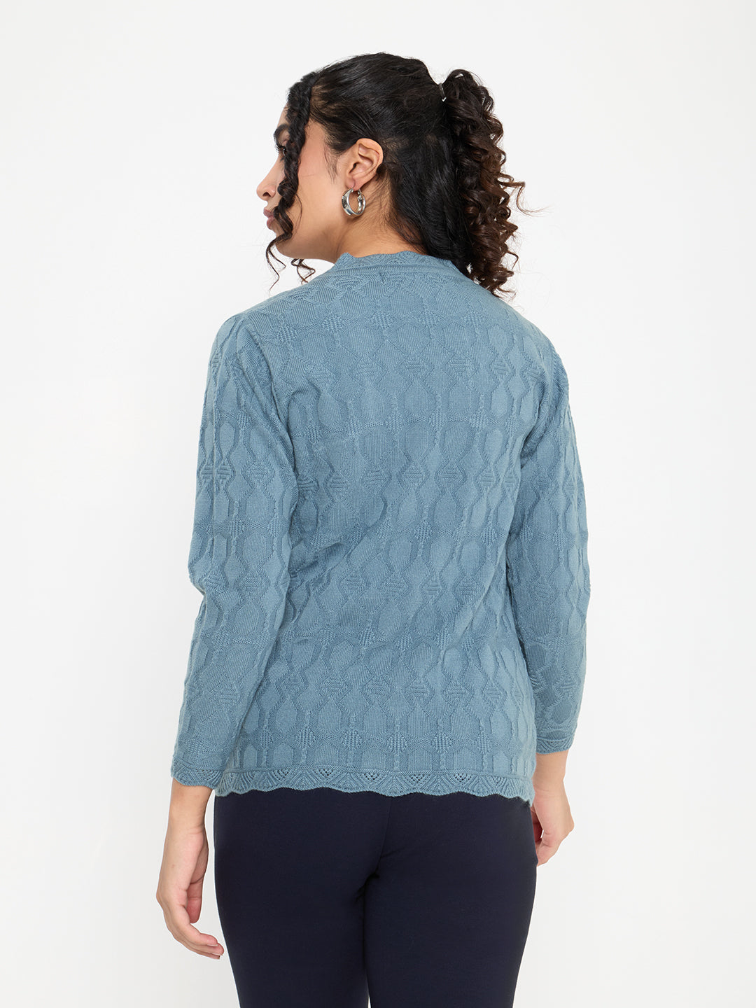 Women Blue Self Design V Neck Full Sleeve Cardigan
