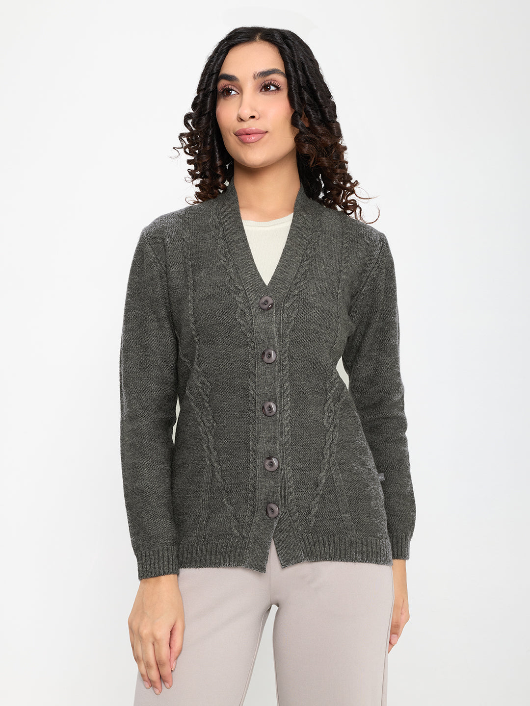Women Grey Self Design V Neck Full Sleeve Cardigan