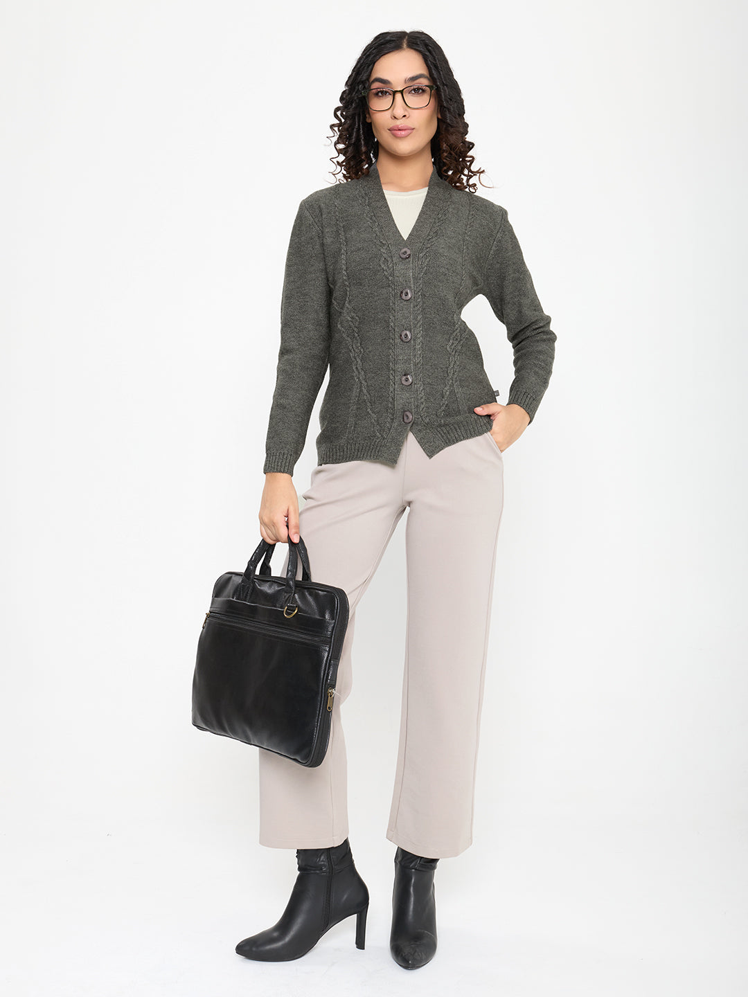 Women Grey Self Design V Neck Full Sleeve Cardigan