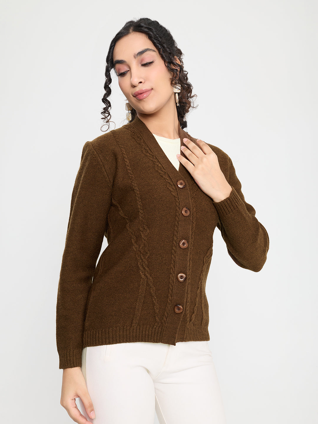 Women Brown Self Design V Neck Full Sleeve Cardigan