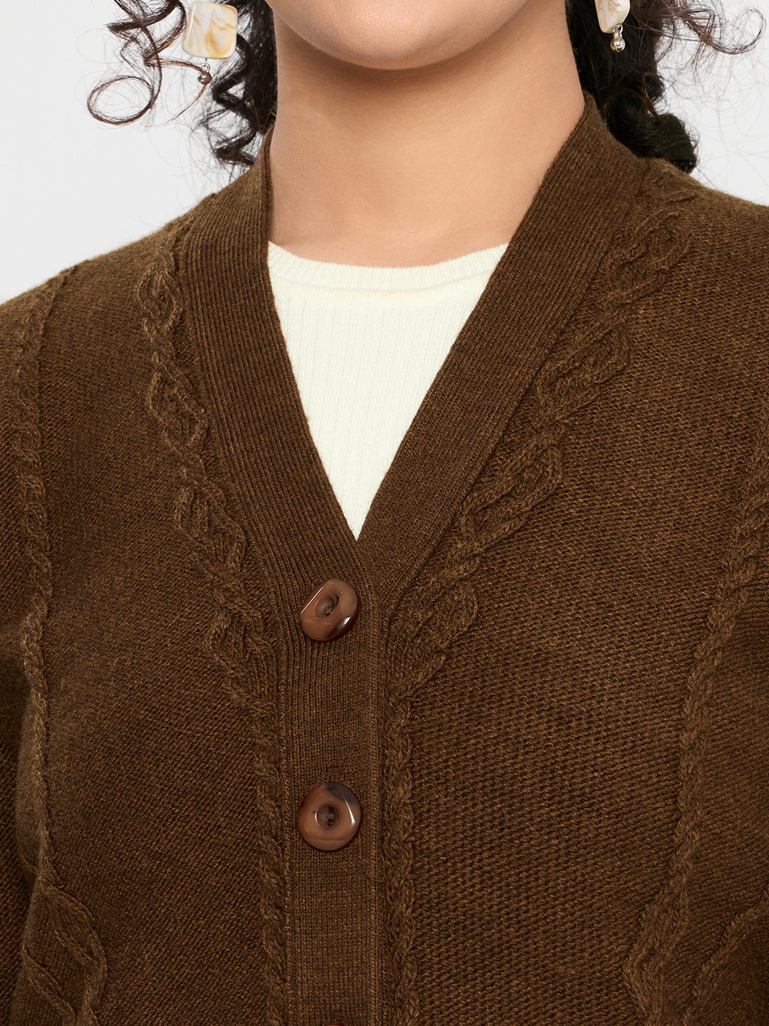 Women Brown Self Design V Neck Full Sleeve Cardigan