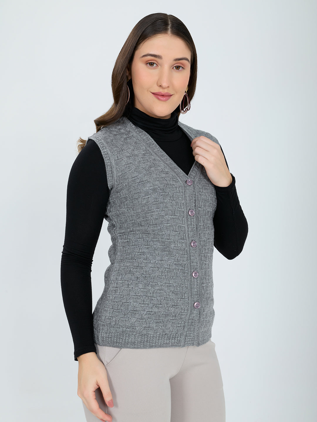 Women Grey Self Design V Neck Sleeveless Cardigan