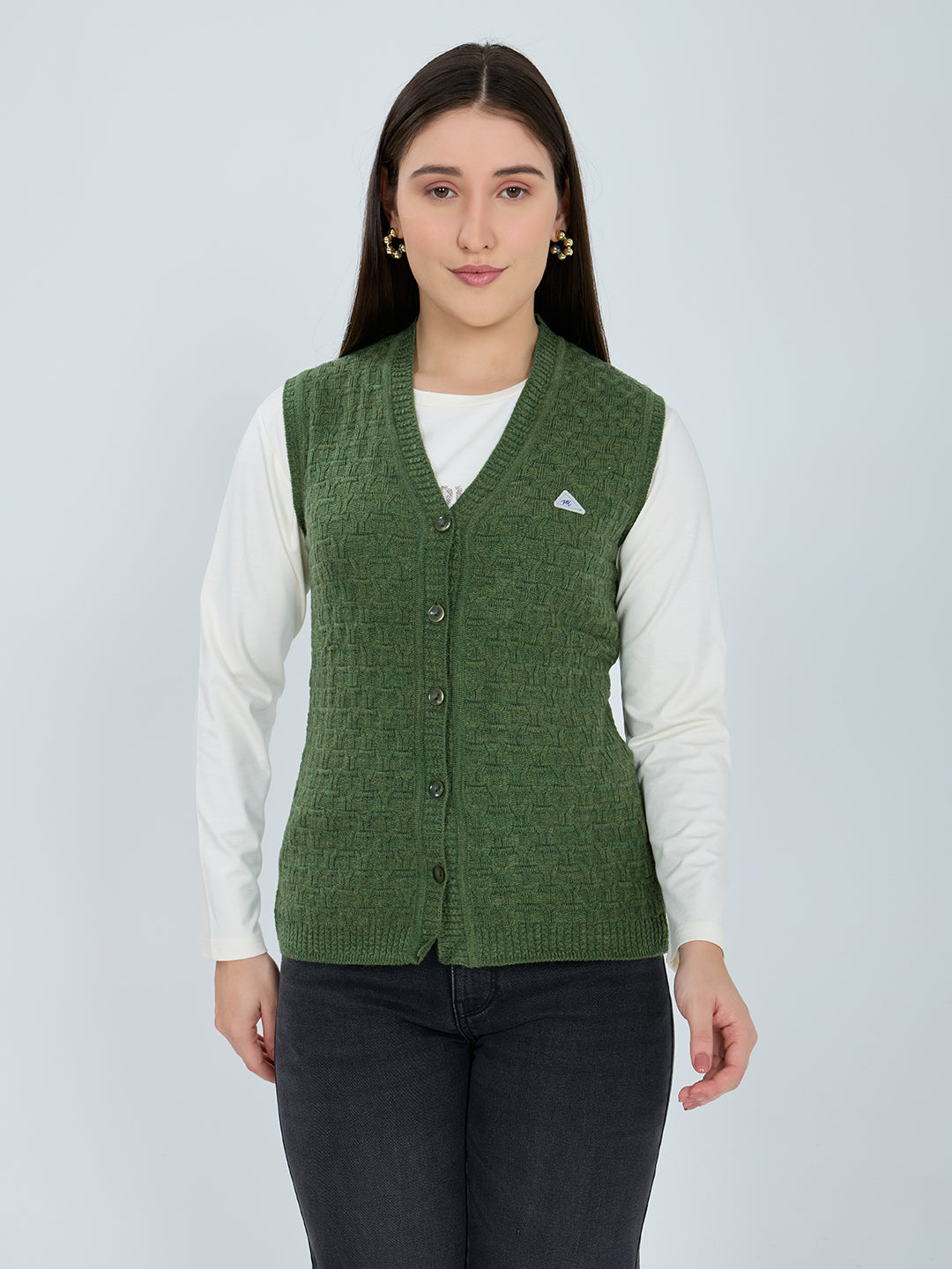 Women Green Self Design V Neck Sleeveless Cardigan