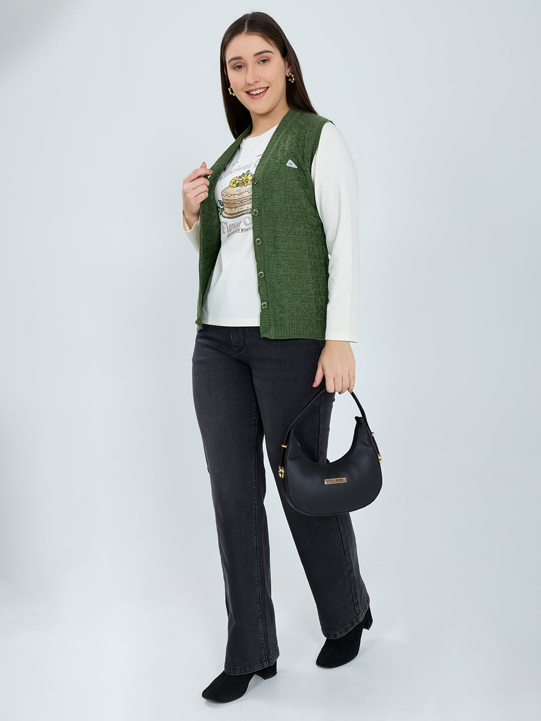 Women Green Self Design V Neck Sleeveless Cardigan