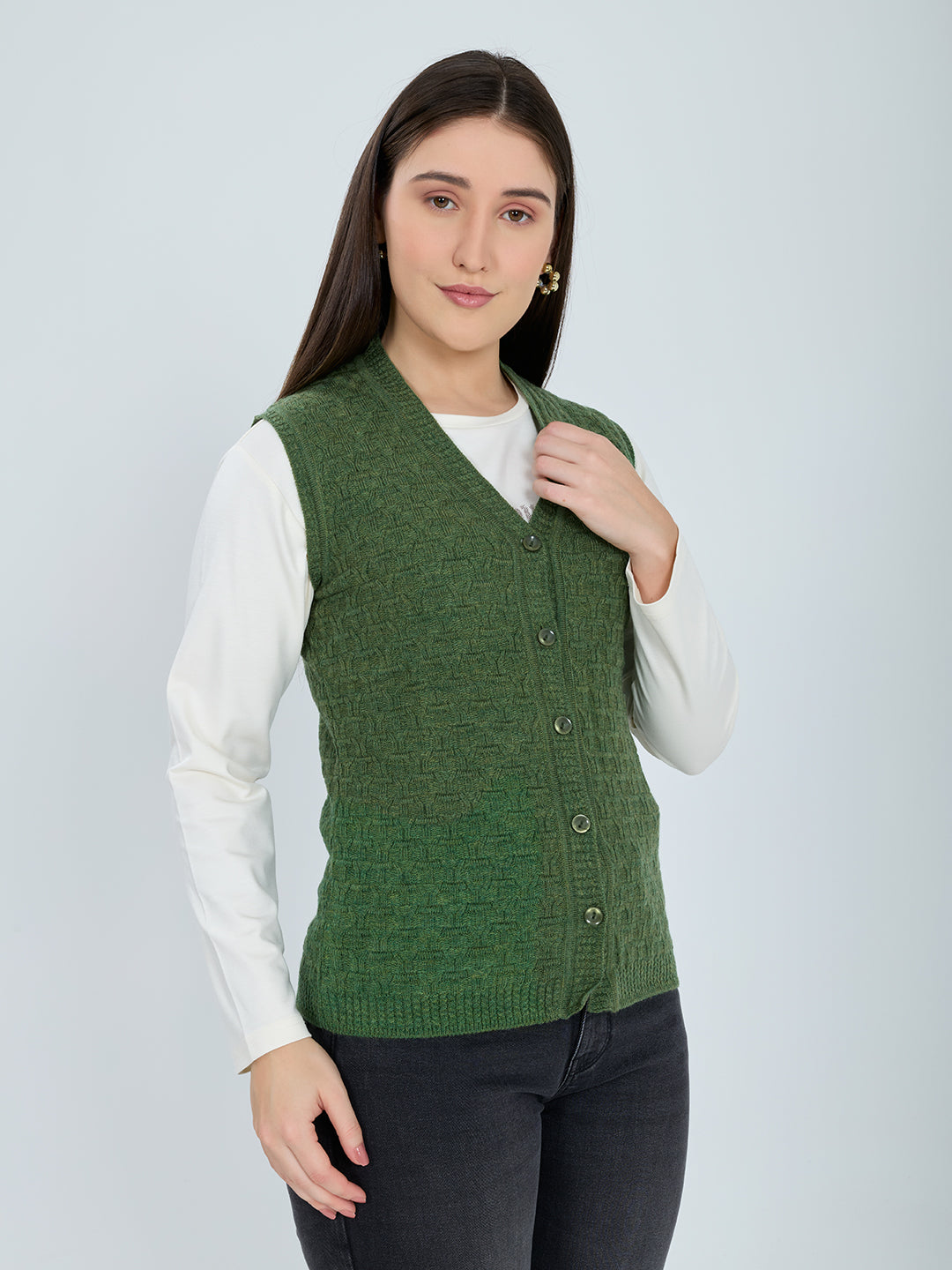 Women Green Self Design V Neck Sleeveless Cardigan