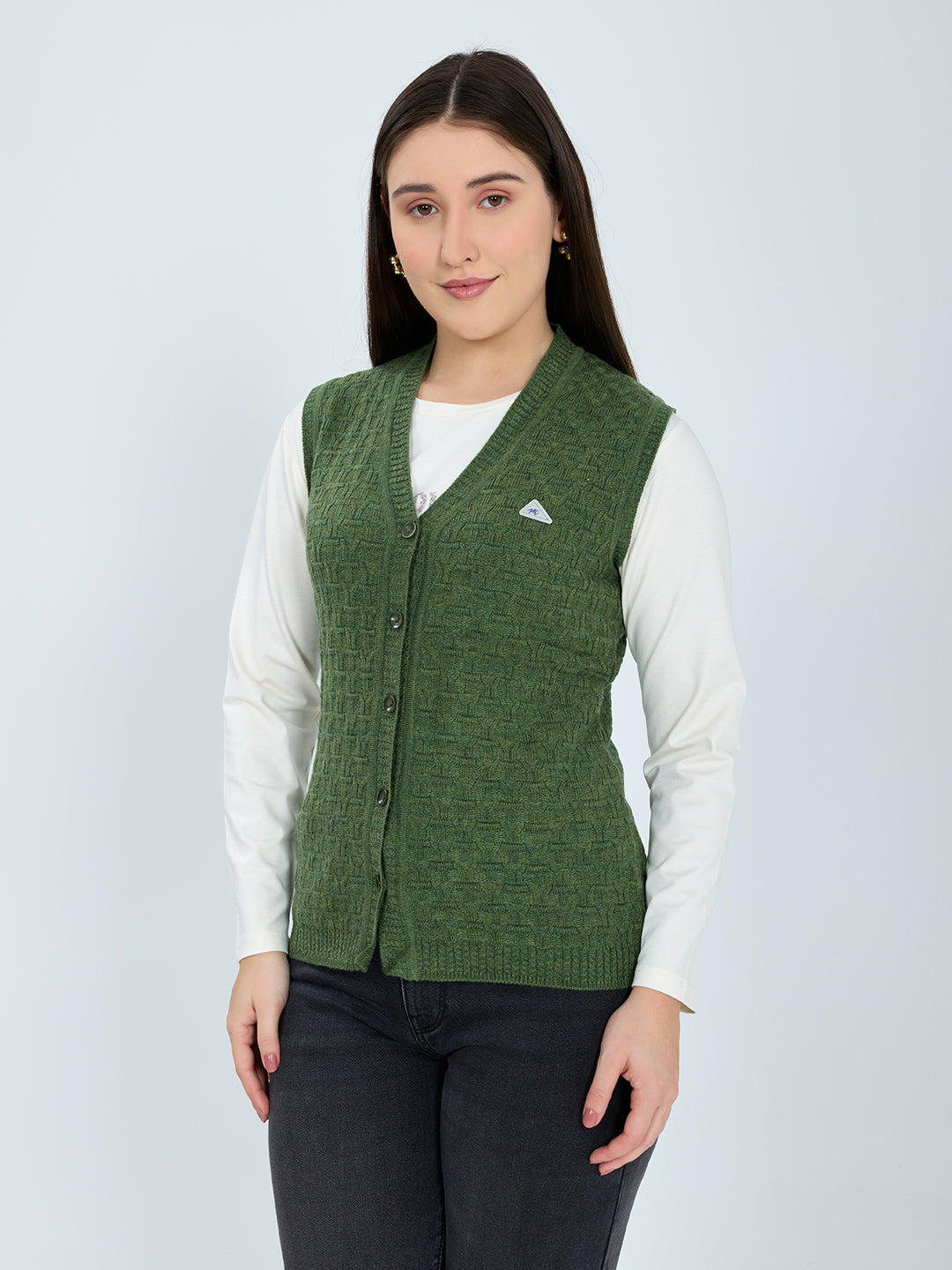 Women Green Self Design V Neck Sleeveless Cardigan