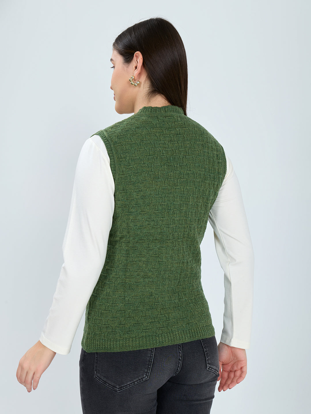 Women Green Self Design V Neck Sleeveless Cardigan