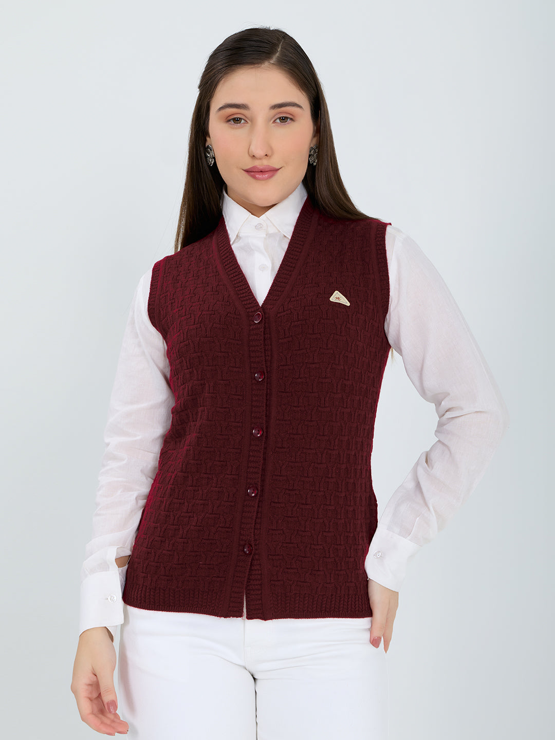 Women Maroon Self Design V Neck Sleeveless Cardigan