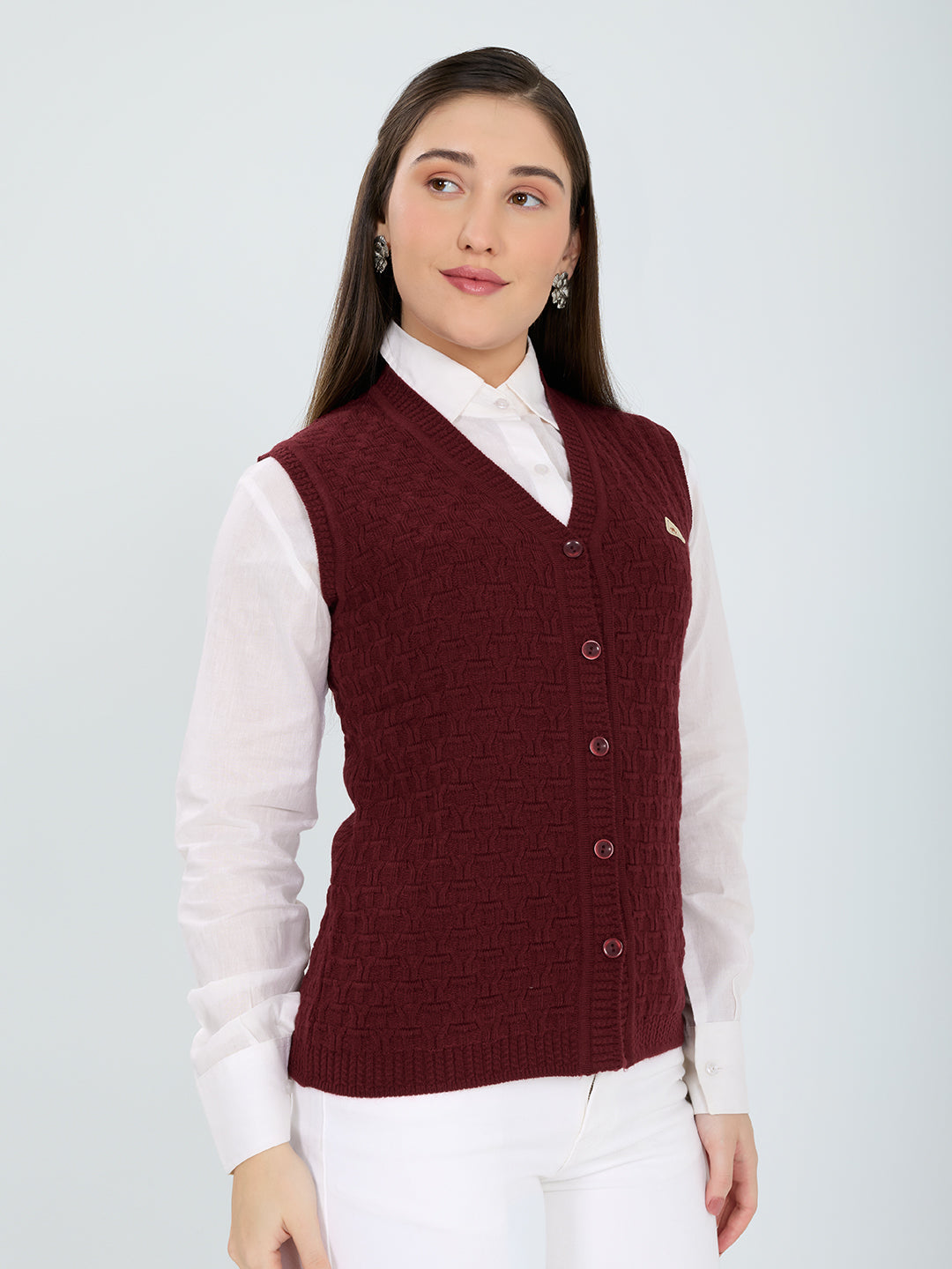 Women Maroon Self Design V Neck Sleeveless Cardigan