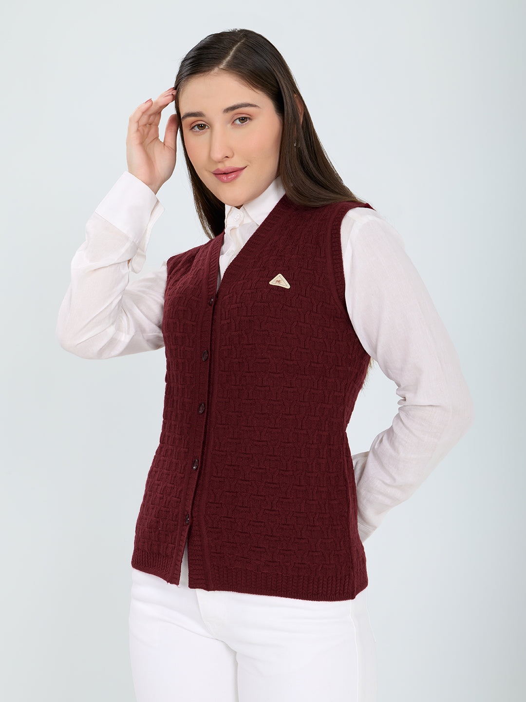 Women Maroon Self Design V Neck Sleeveless Cardigan