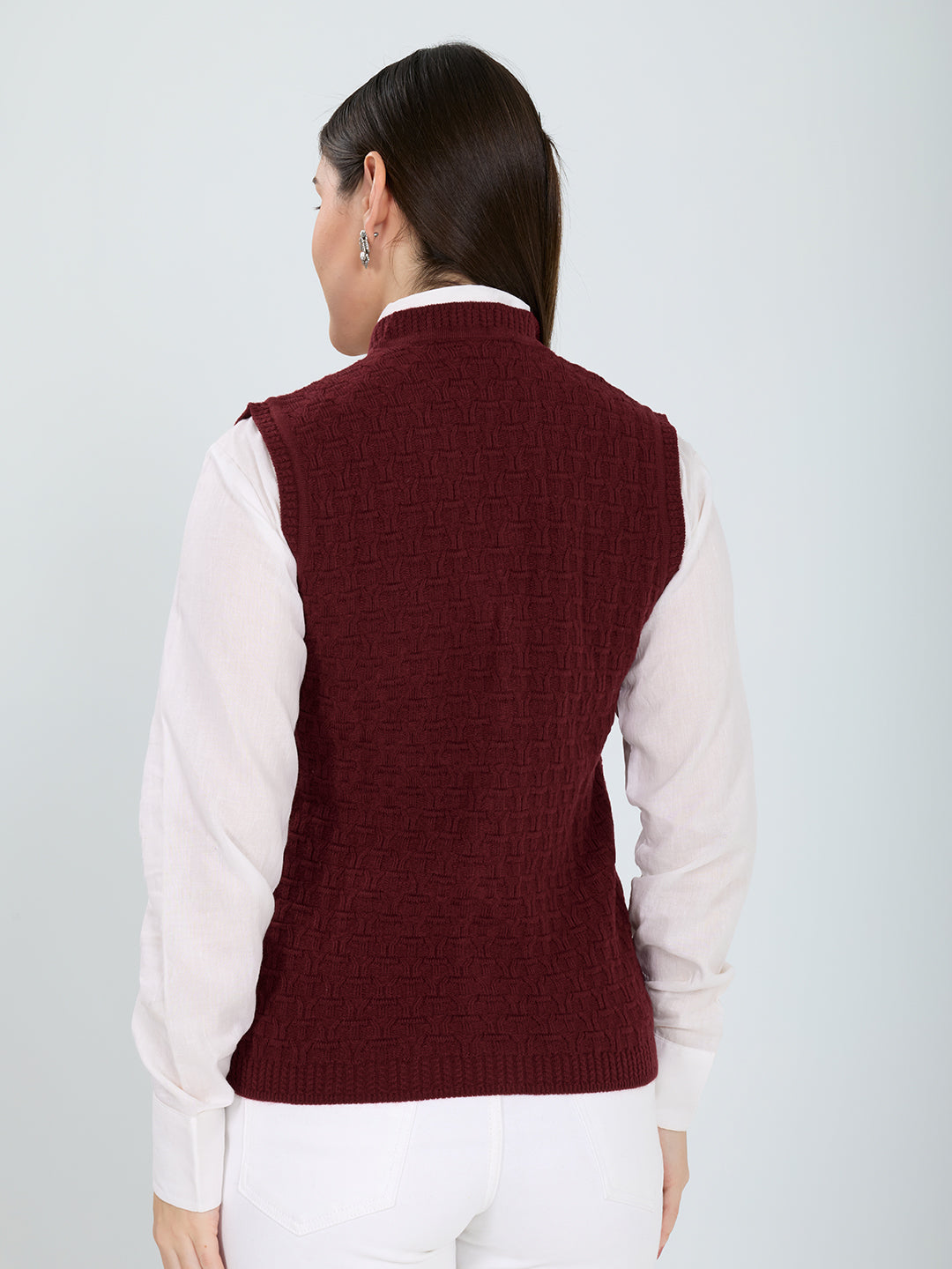 Women Maroon Self Design V Neck Sleeveless Cardigan