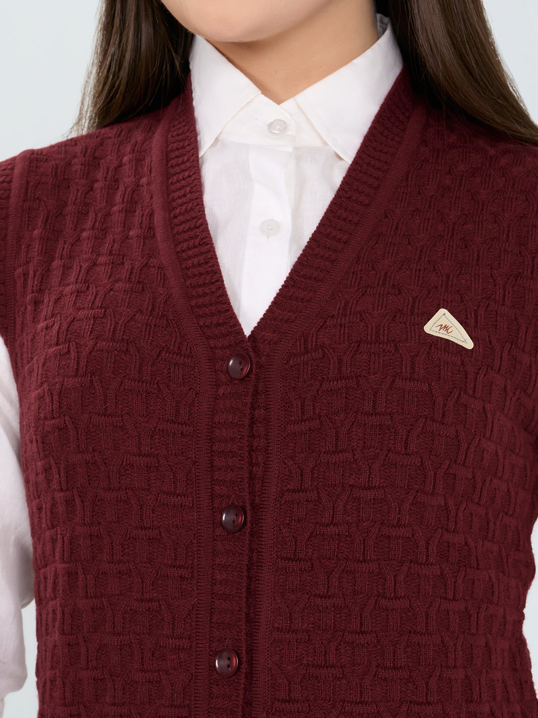 Women Maroon Self Design V Neck Sleeveless Cardigan