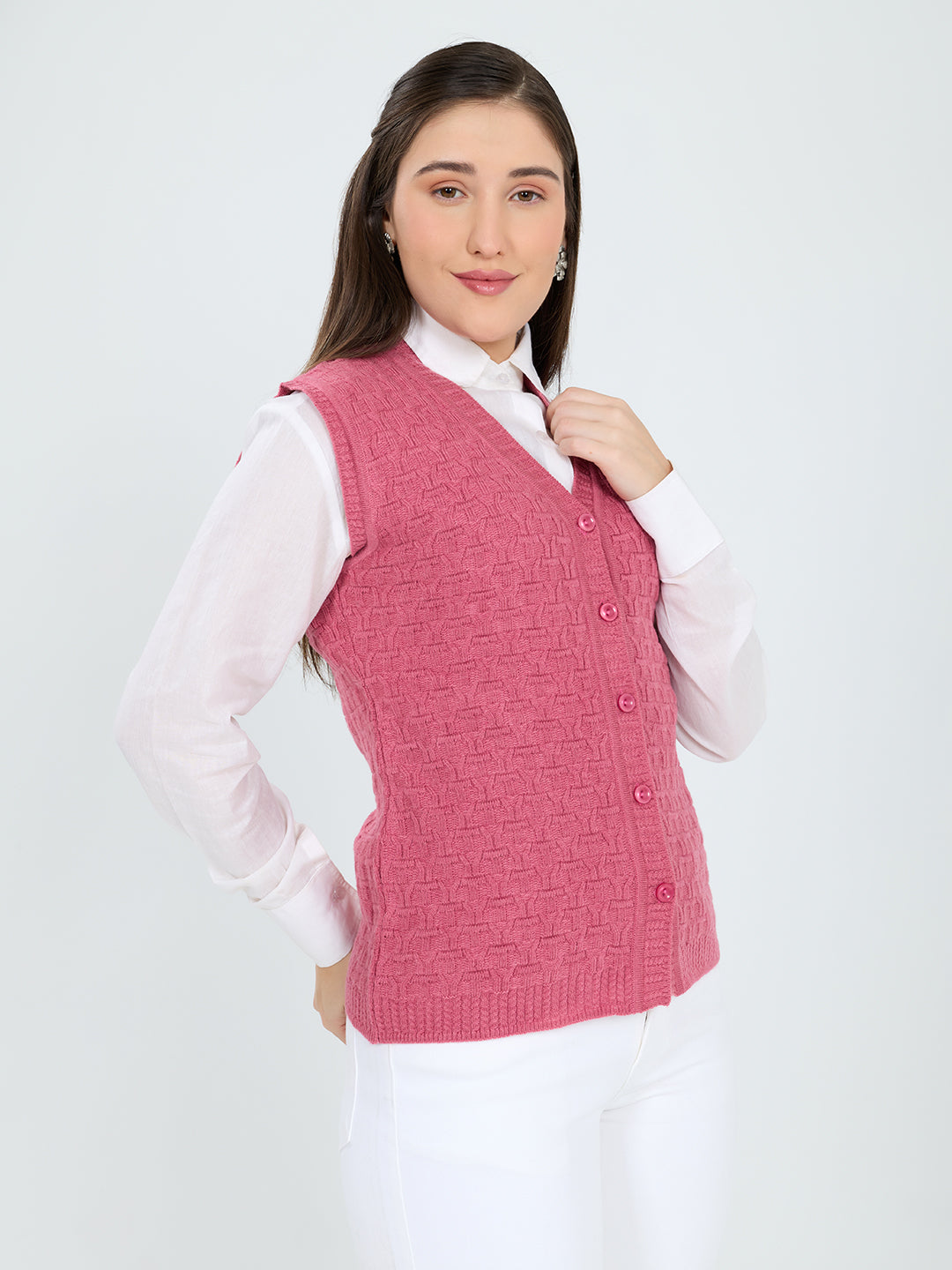 Women Pink Self Design V Neck Sleeveless Cardigan