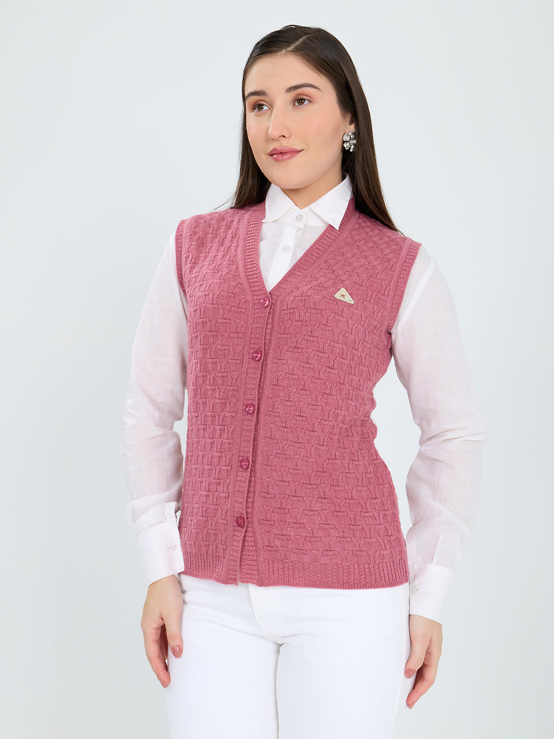 Women Pink Self Design V Neck Sleeveless Cardigan