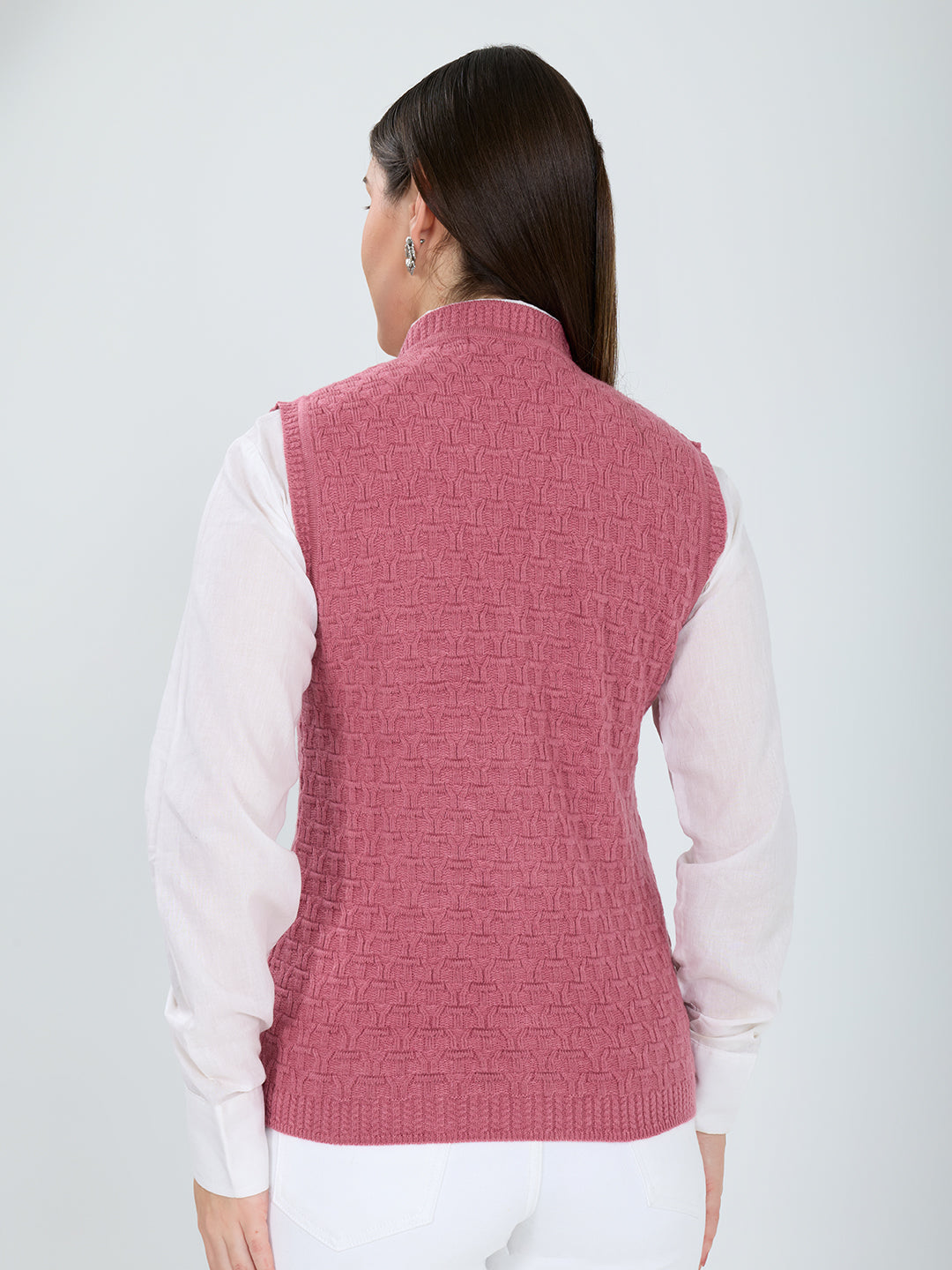 Women Pink Self Design V Neck Sleeveless Cardigan