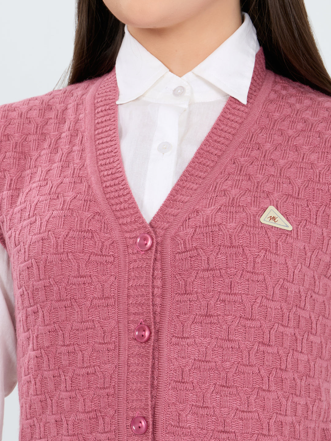 Women Pink Self Design V Neck Sleeveless Cardigan