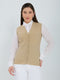 Women Camel Brown Self Design V Neck Sleeveless Cardigan