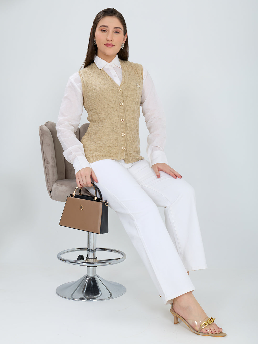 Women Camel Brown Self Design V Neck Sleeveless Cardigan