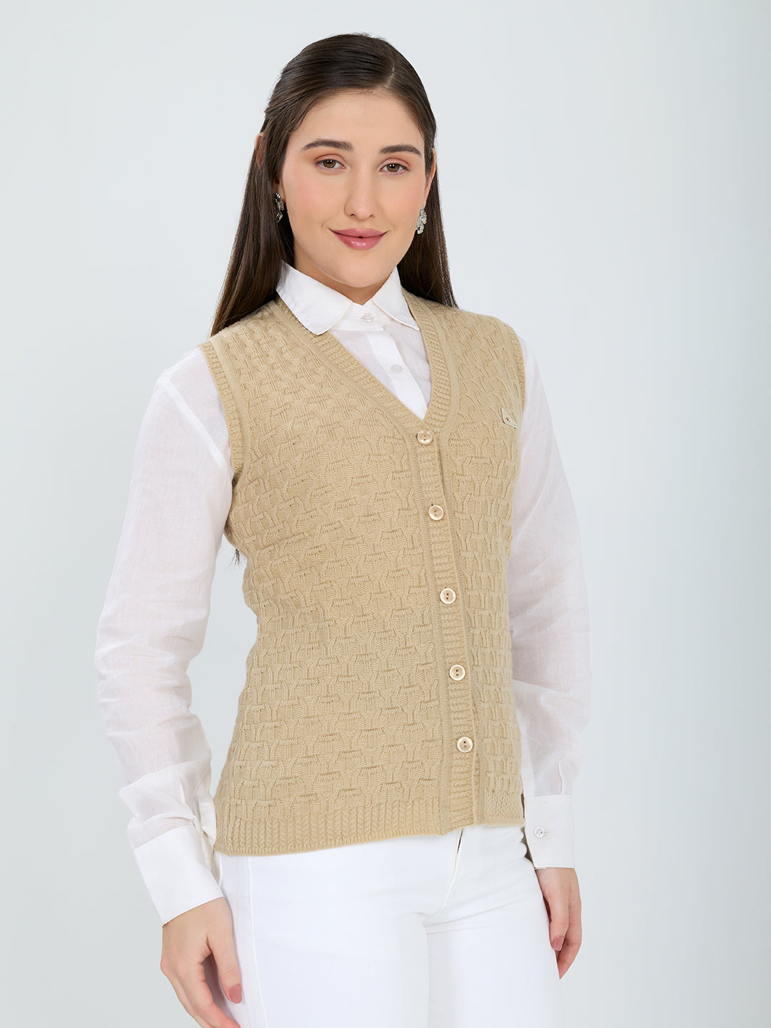 Women Camel Brown Self Design V Neck Sleeveless Cardigan