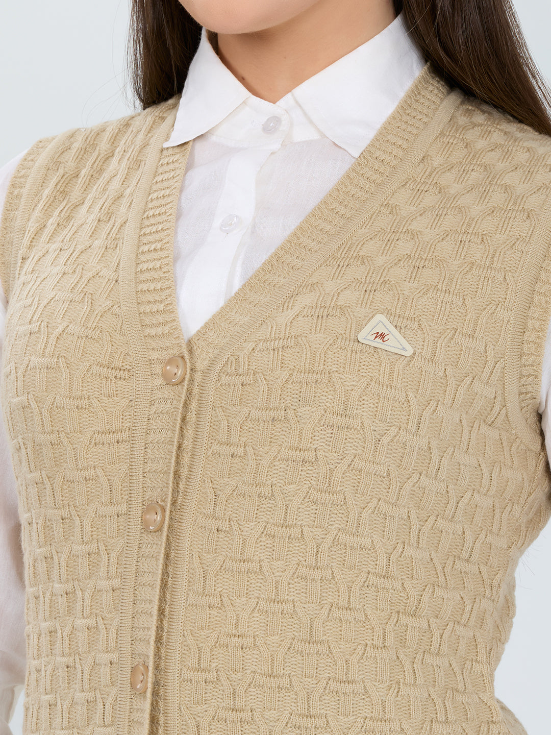 Women Camel Brown Self Design V Neck Sleeveless Cardigan