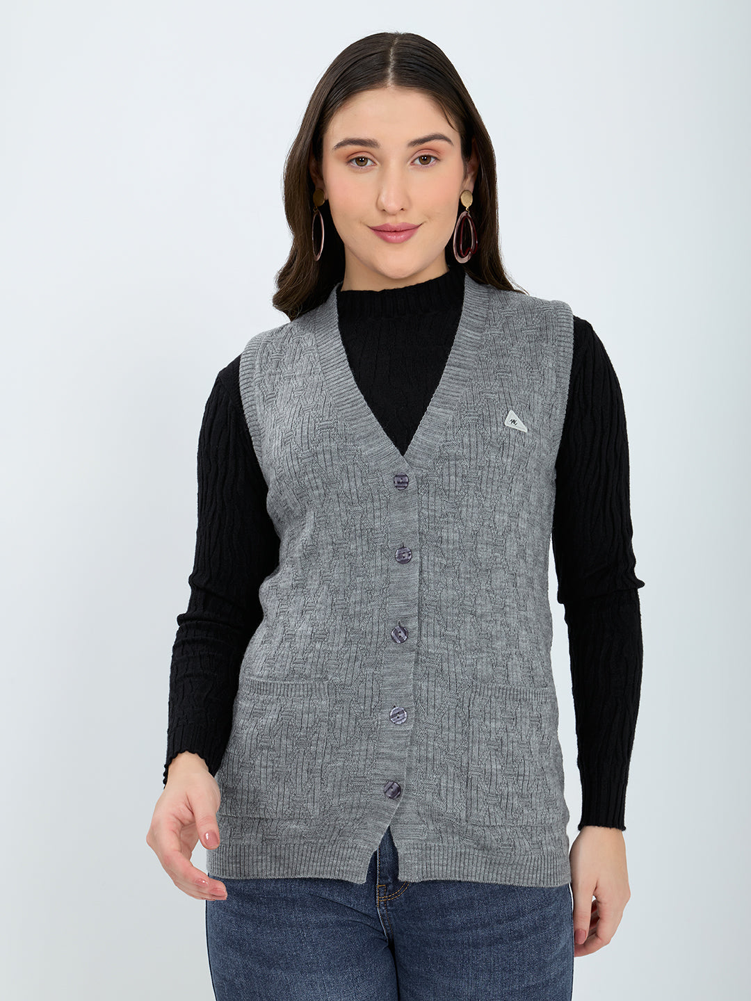 Women Grey Self Design V Neck Sleeveless Cardigan