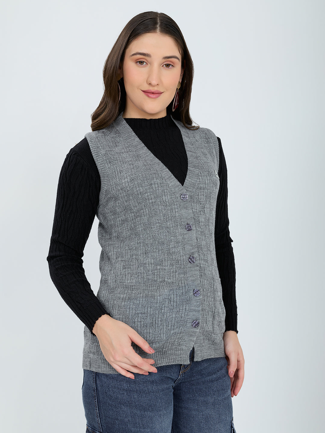 Women Grey Self Design V Neck Sleeveless Cardigan
