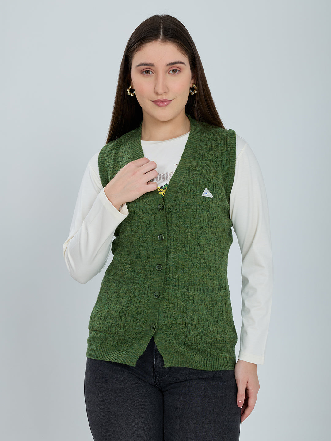 Women Green Self Design V Neck Sleeveless Cardigan