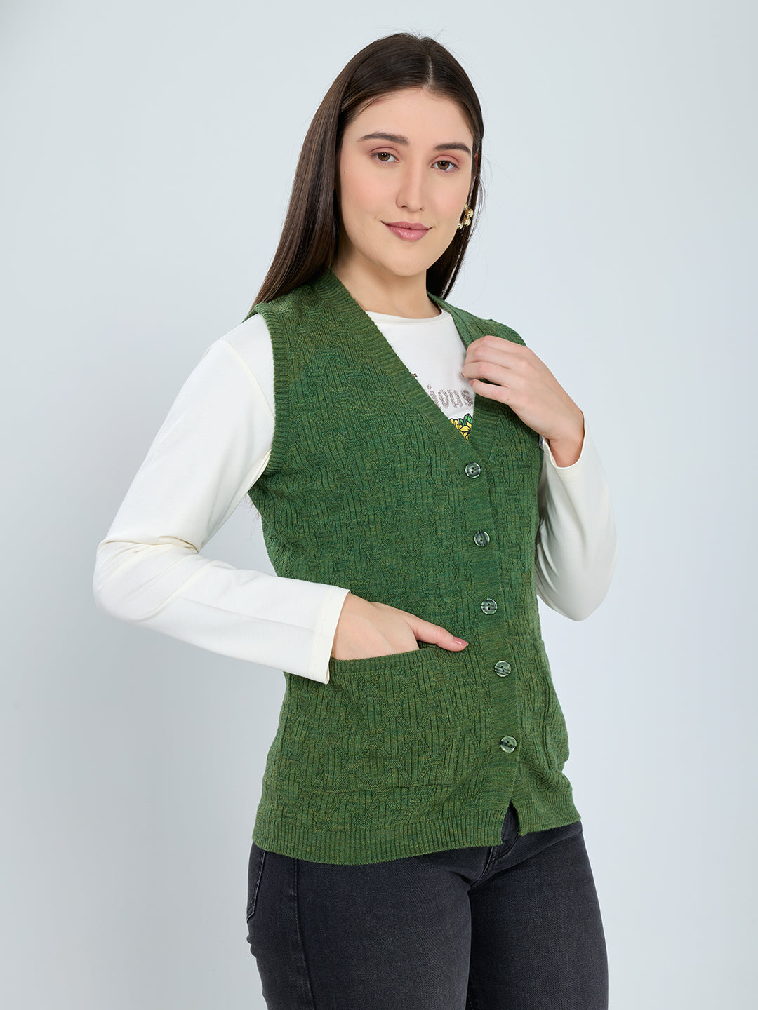 Women Green Self Design V Neck Sleeveless Cardigan