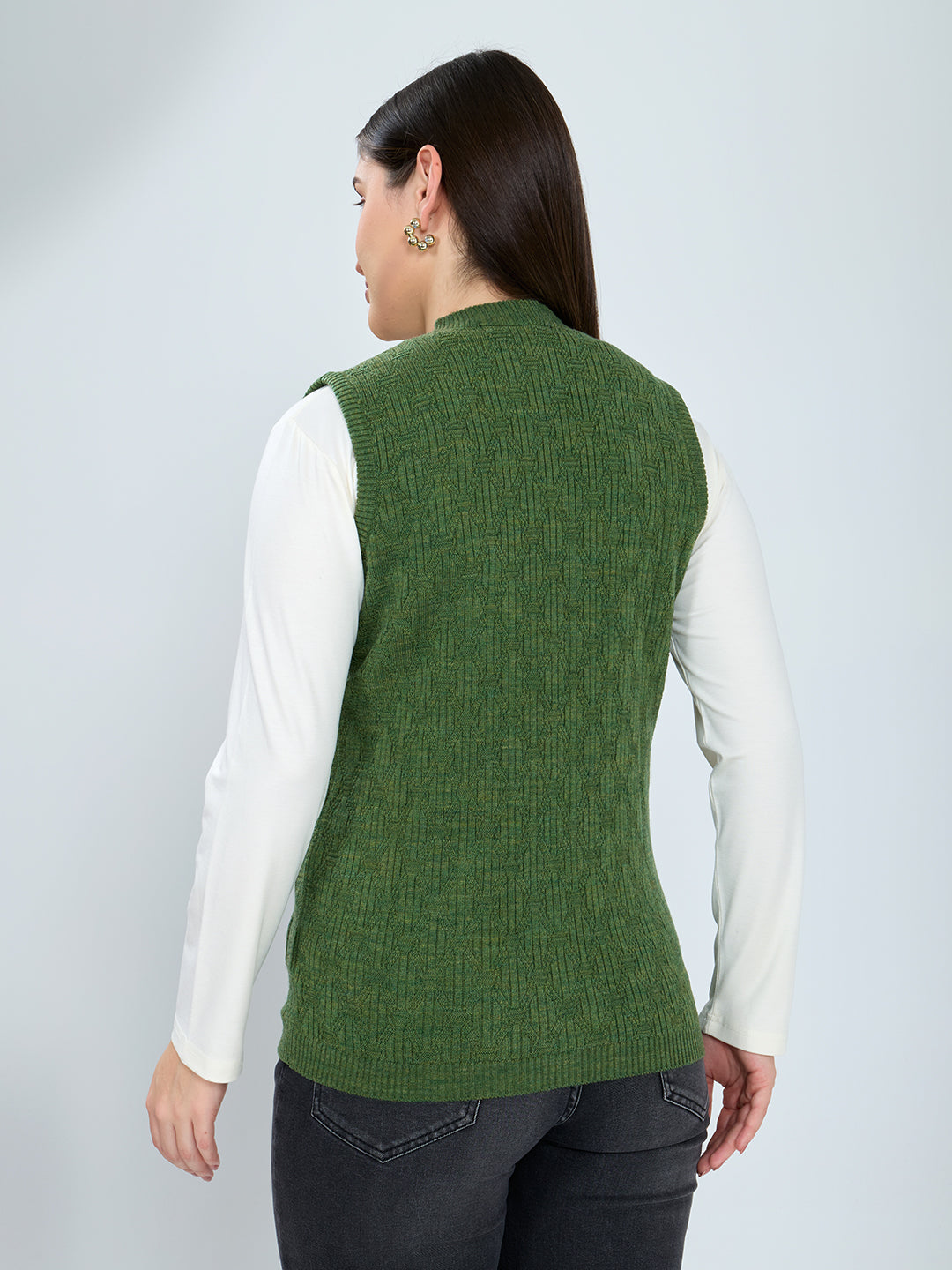 Women Green Self Design V Neck Sleeveless Cardigan
