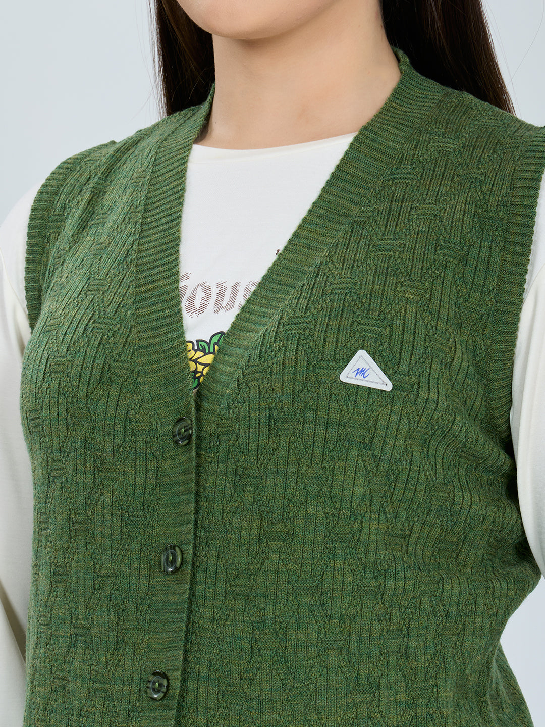 Women Green Self Design V Neck Sleeveless Cardigan