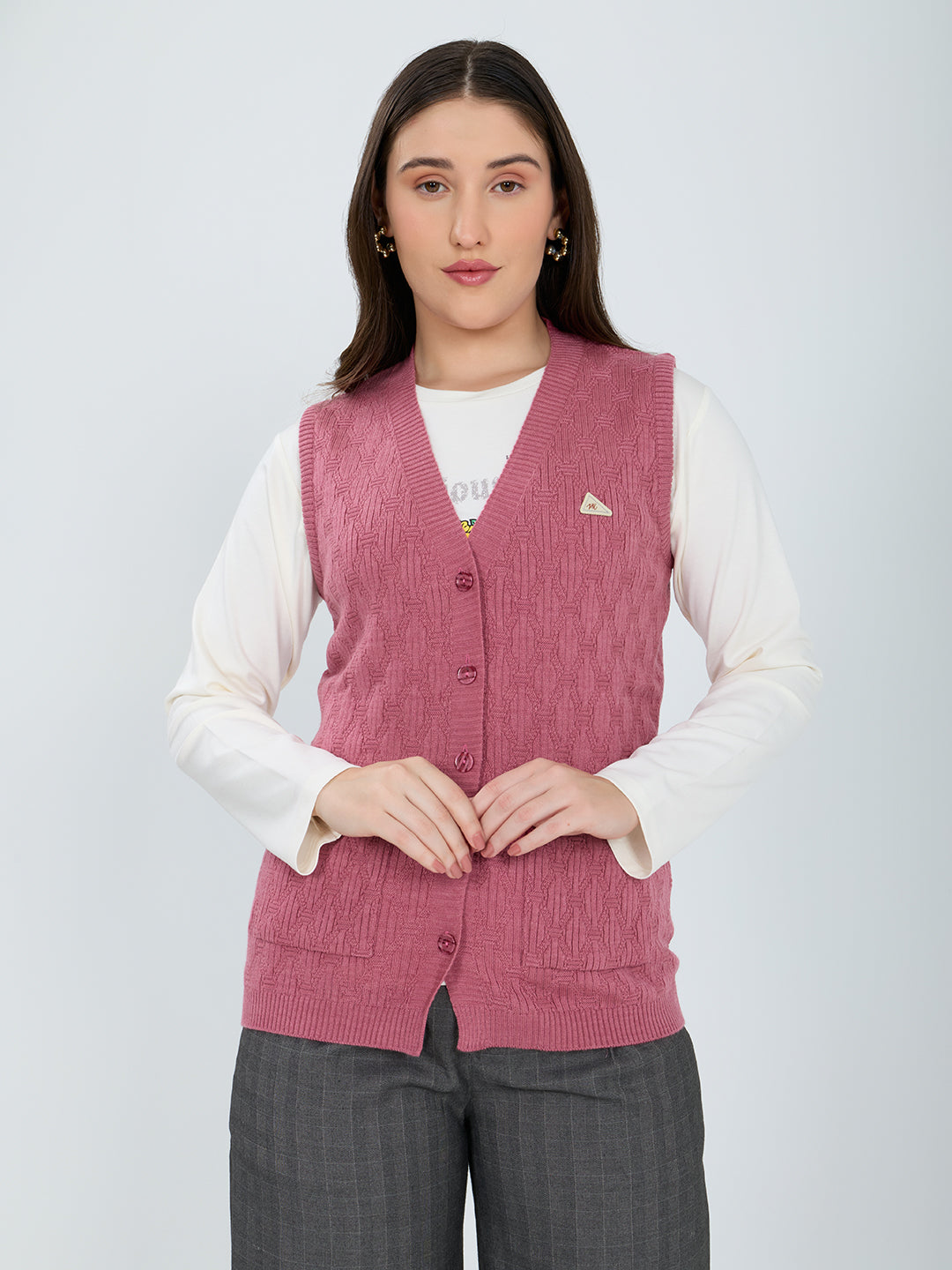 Women Pink Self Design V Neck Sleeveless Cardigan