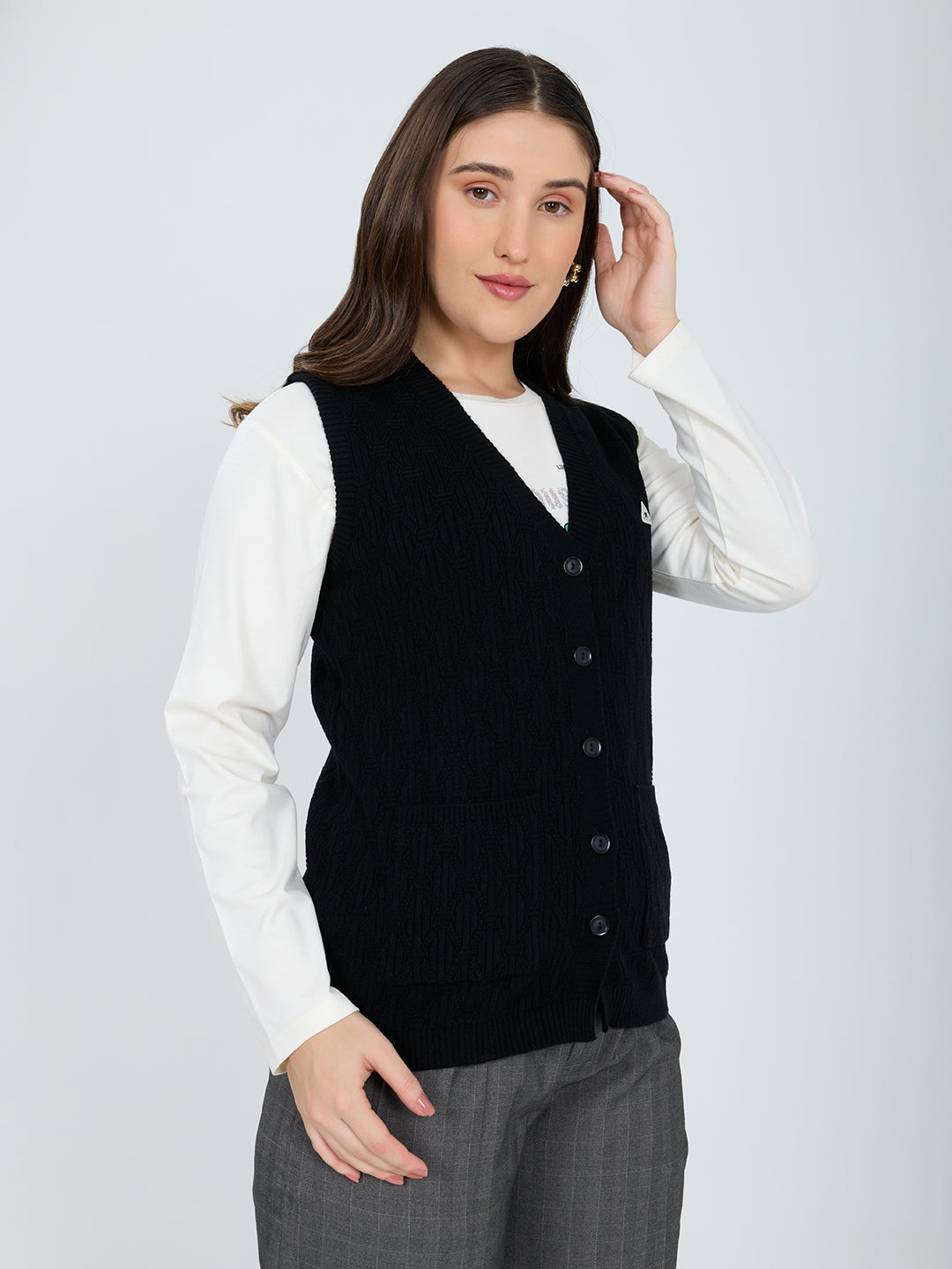 Women Black Self Design V Neck Sleeveless Cardigan