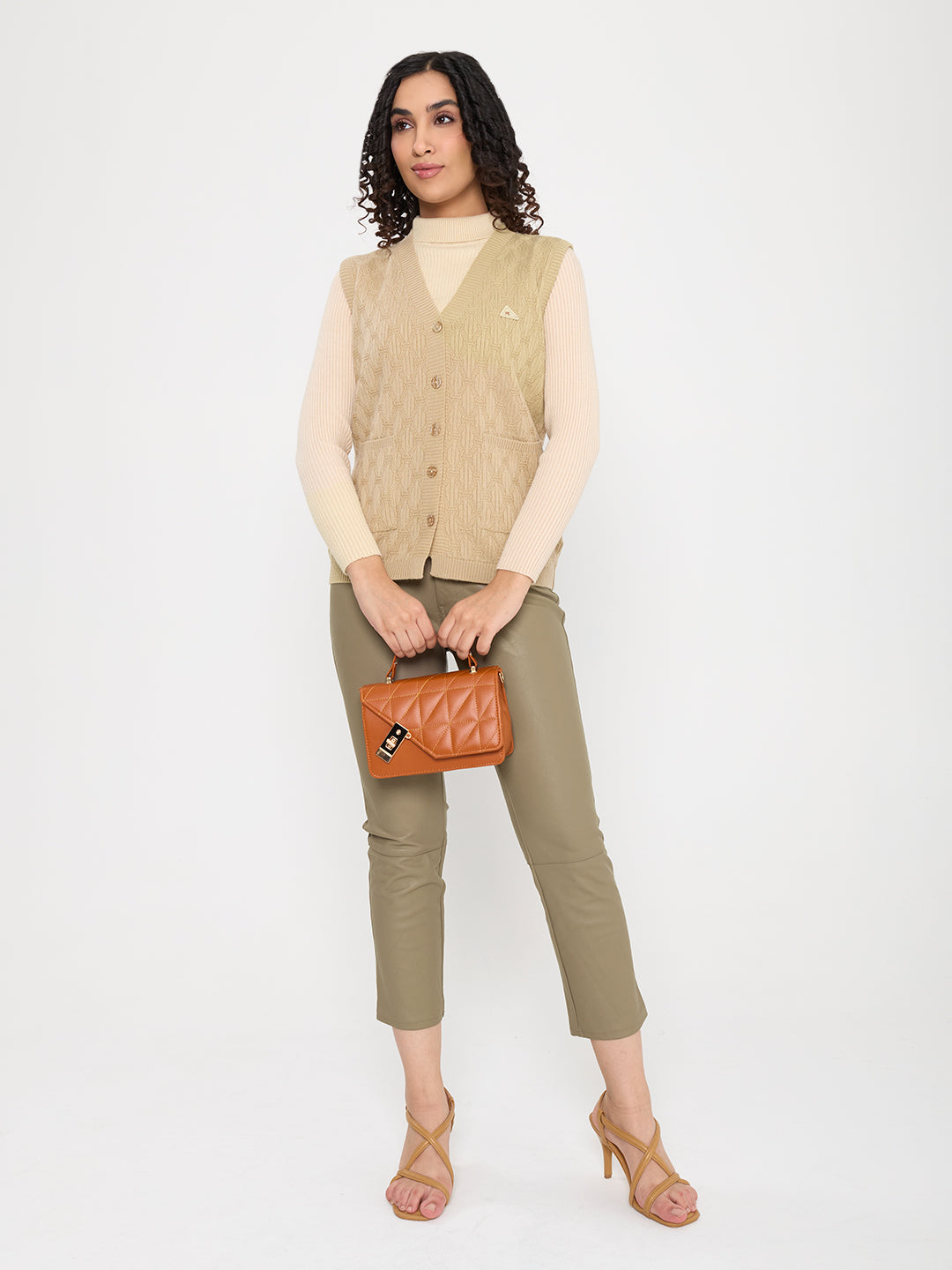 Women Camel Brown Self Design V Neck Sleeveless Cardigan