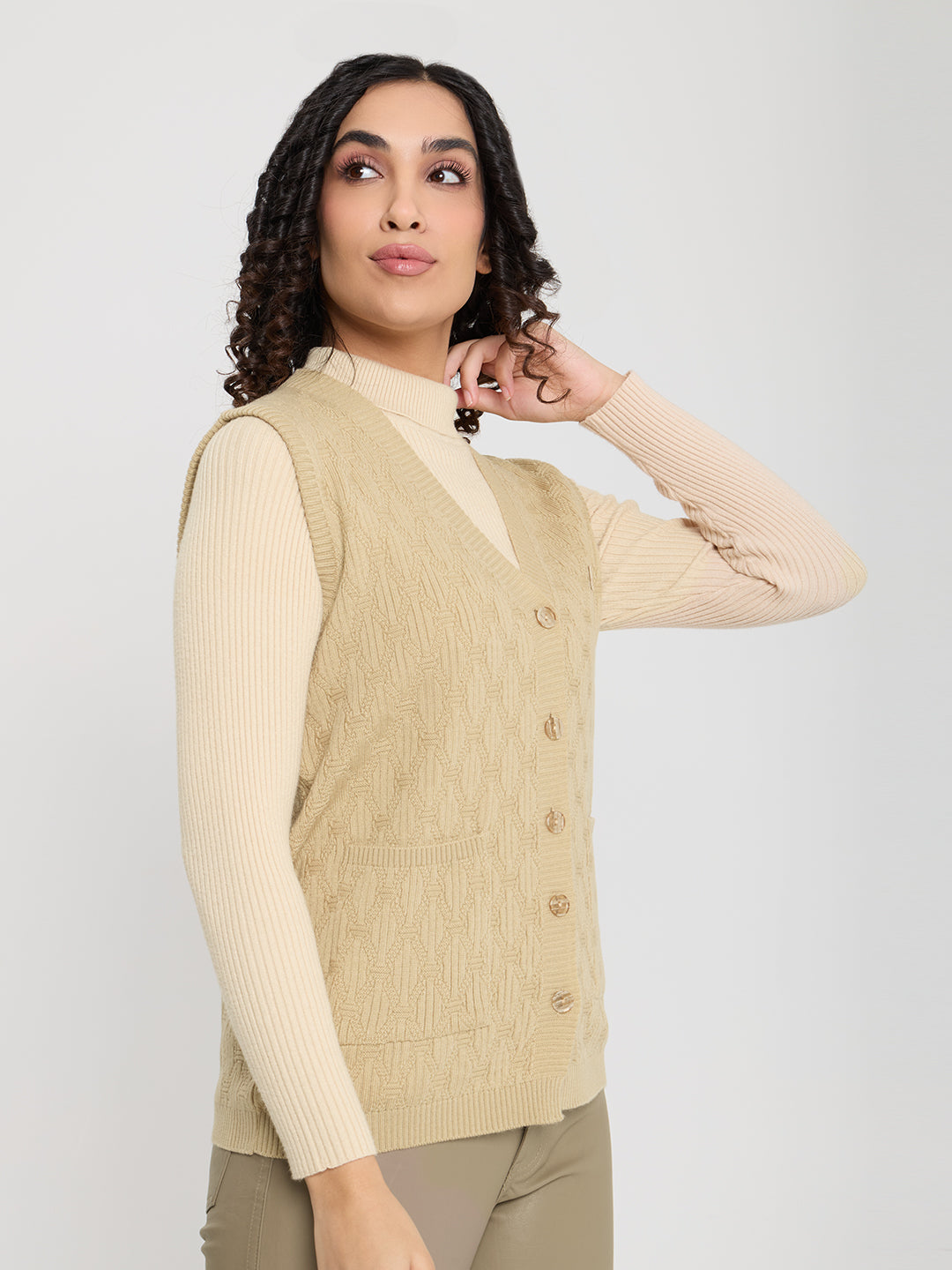 Women Camel Brown Self Design V Neck Sleeveless Cardigan