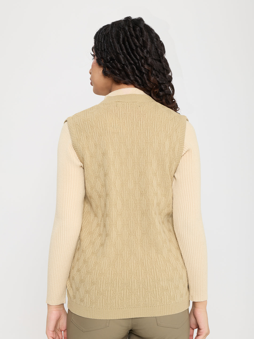 Women Camel Brown Self Design V Neck Sleeveless Cardigan