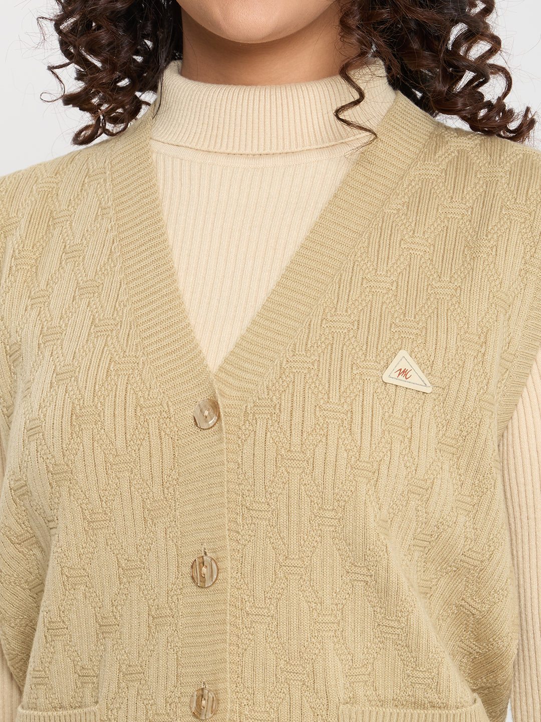 Women Camel Brown Self Design V Neck Sleeveless Cardigan
