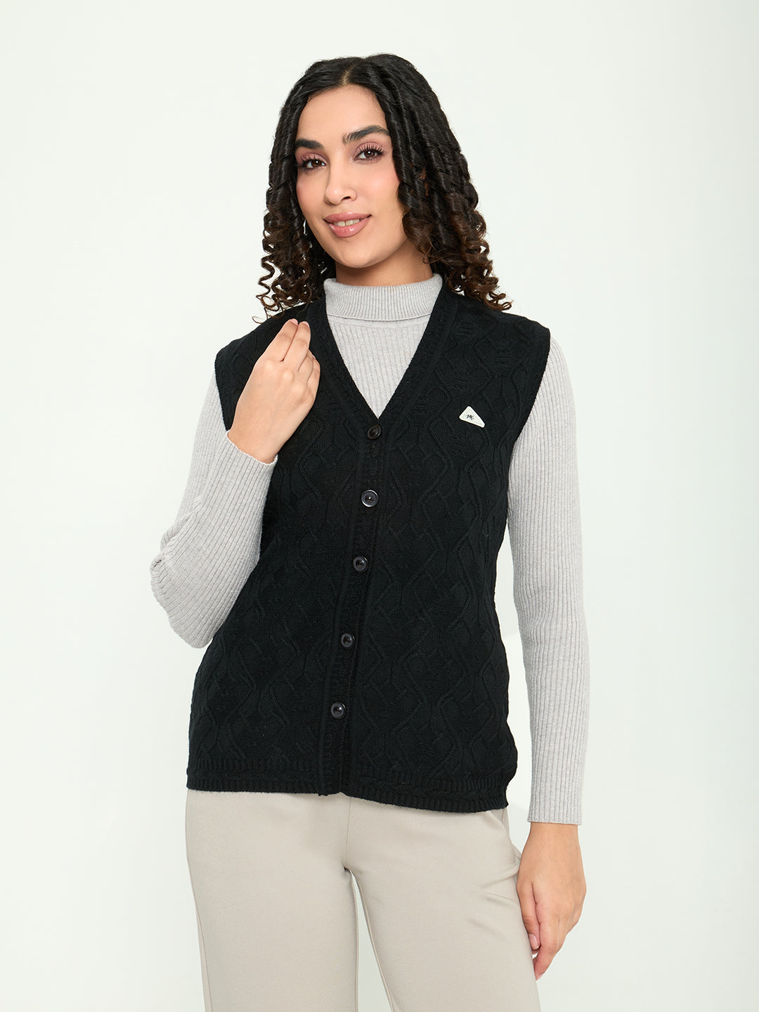 Women Black Self Design V Neck Sleeveless Cardigan