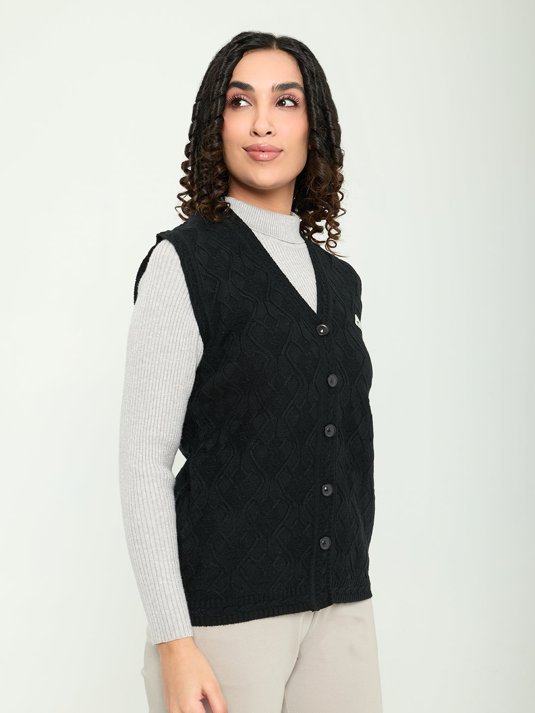 Women Black Self Design V Neck Sleeveless Cardigan